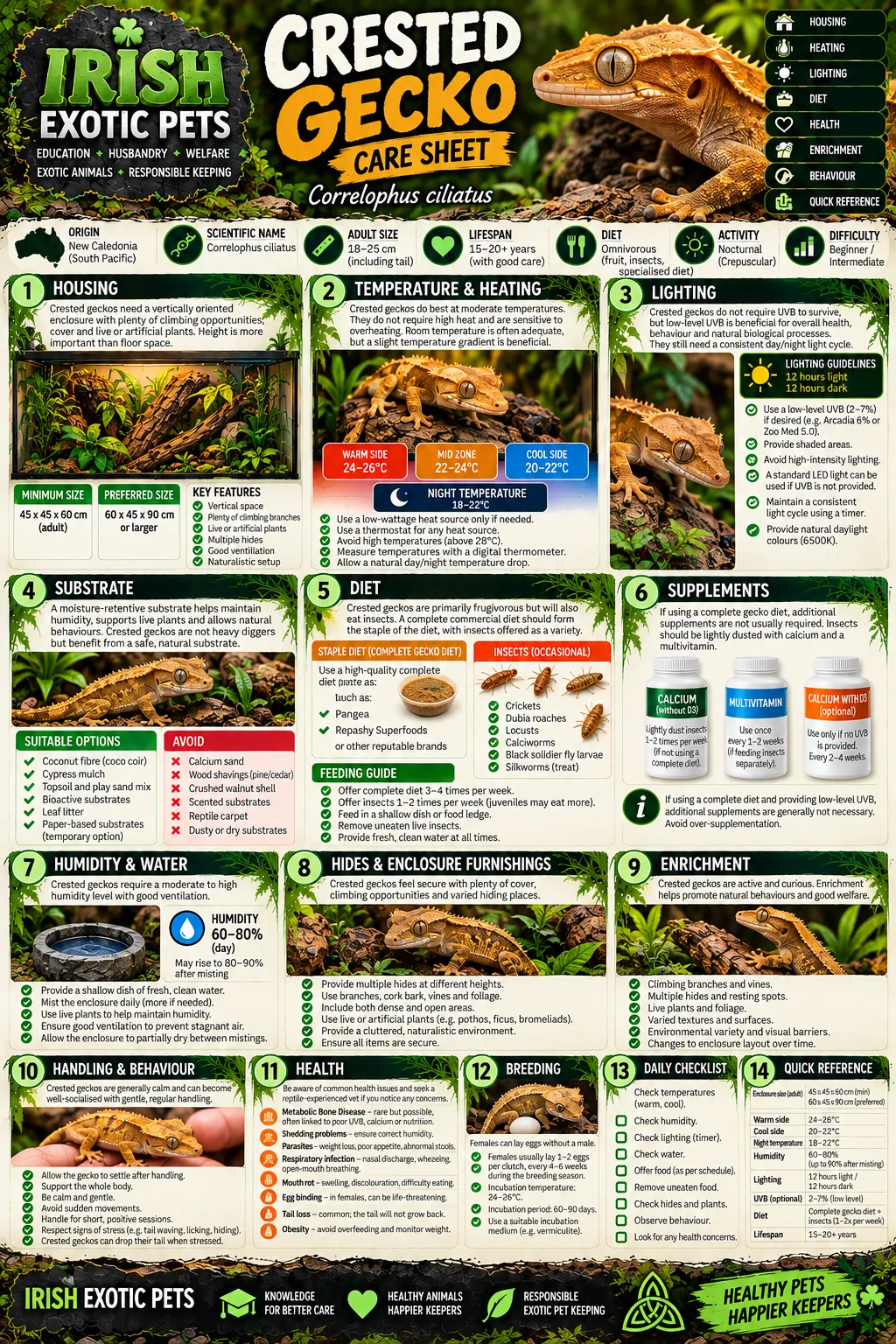 The full Crested Gecko care sheet infographic